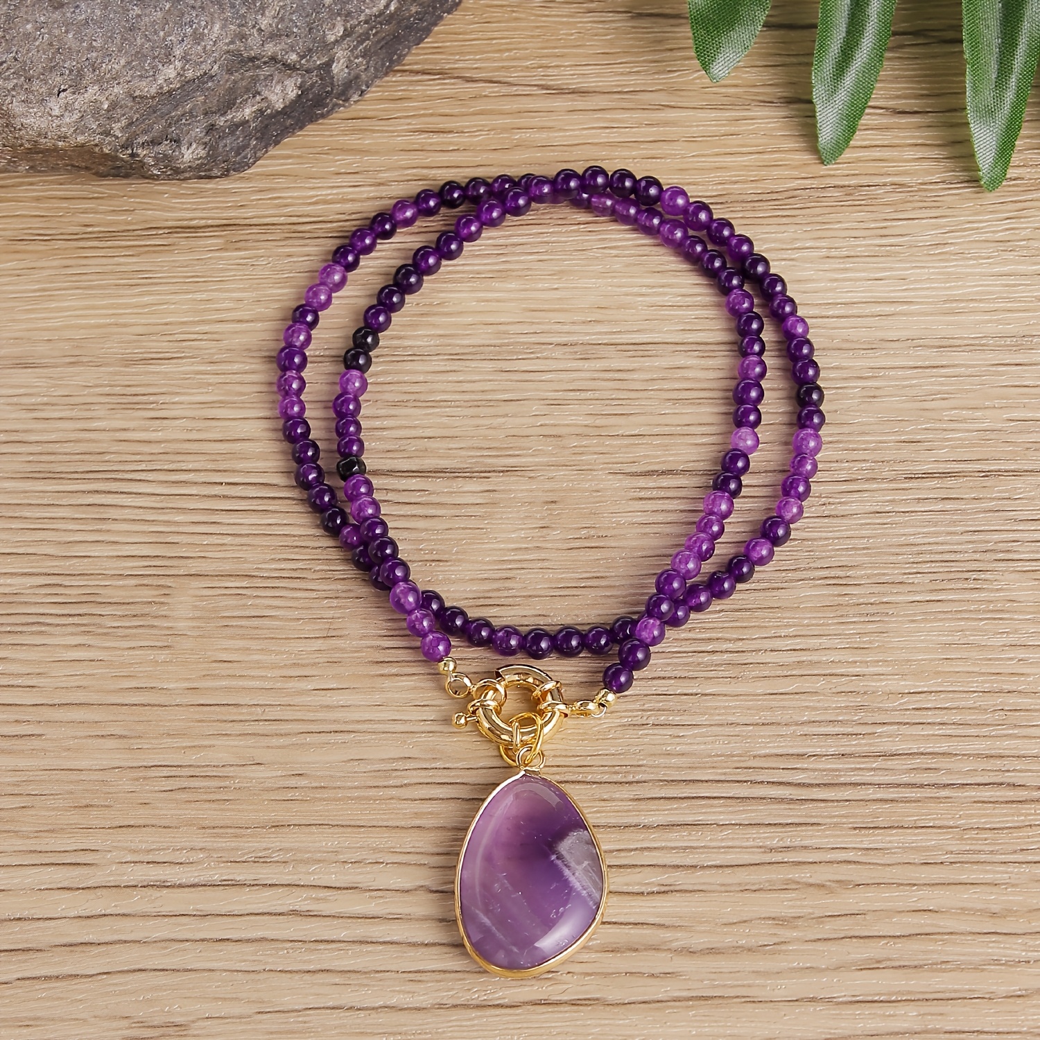 Women's Amethyst Beaded Necklace with Teardrop Pendant, Boho Style